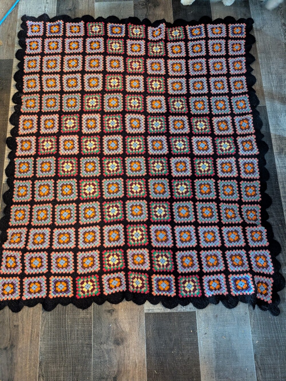 2/80$ Vintage Black Multicolor Crochet Granny Square Throw Blanket